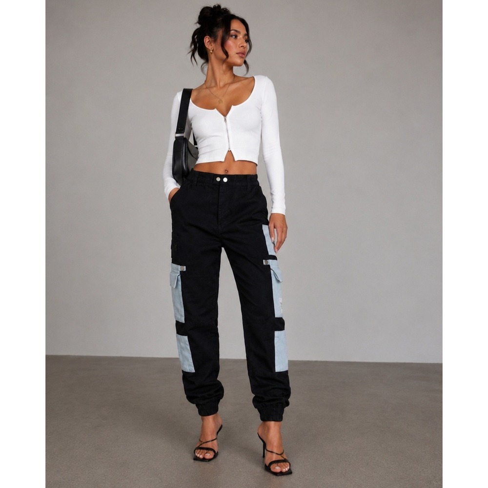 Maniere De Voir Womens Black Cargoβ Joggers Blue Patch Utility Pants Size 8